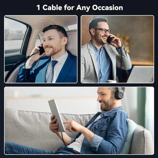 Three scenarios showing a man using a cable for different activities: talking on the phone, using headphones, and holding a tablet.