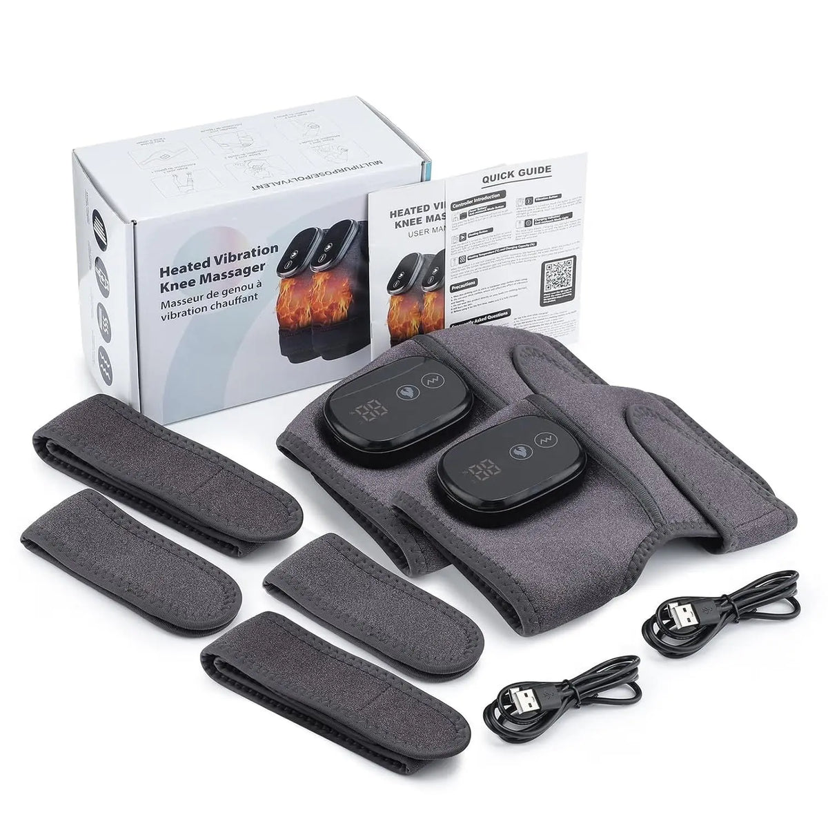 Heated vibration knee massager with packaging and accessories on a white background