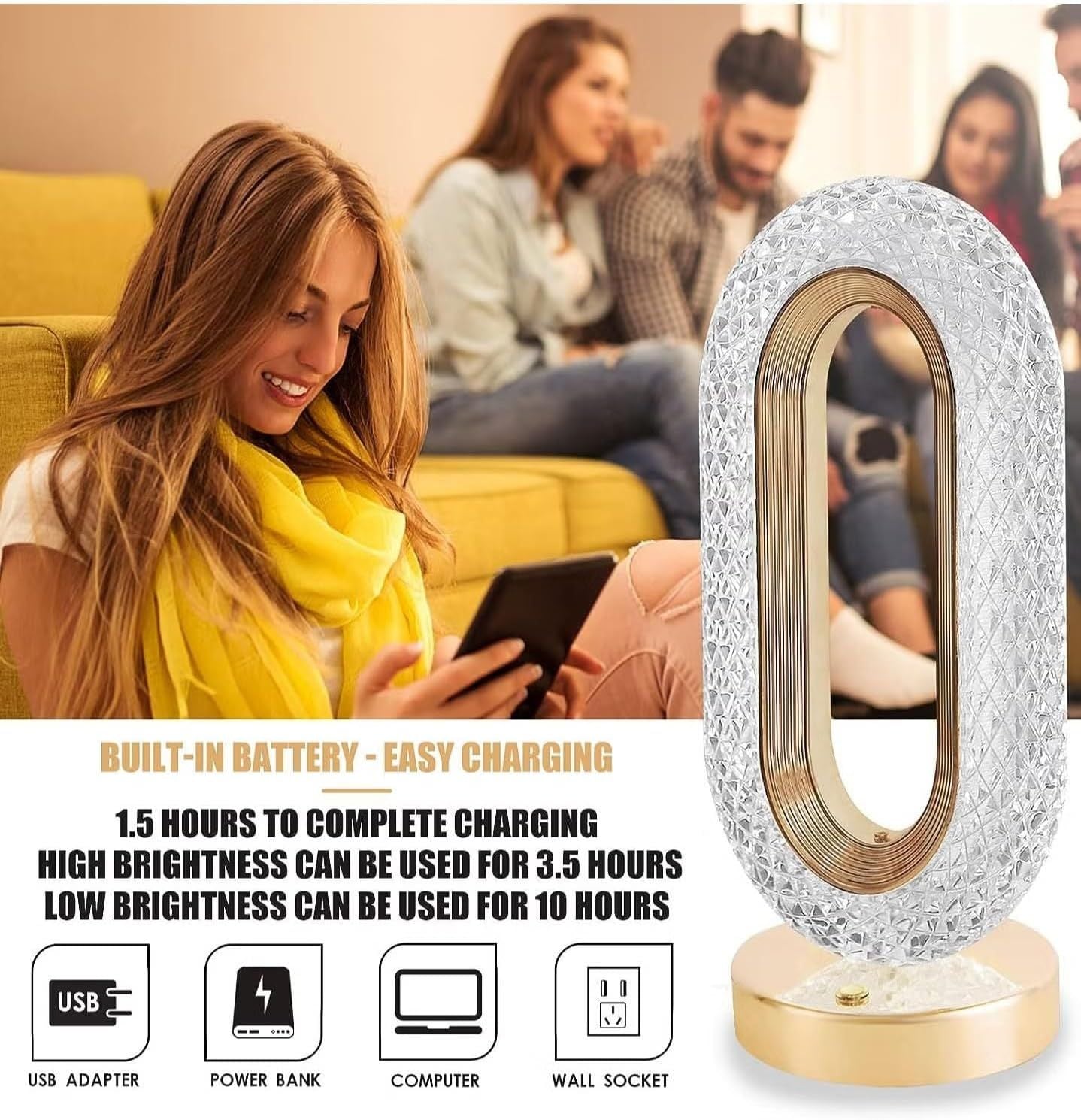 Oval Crystal Touch Lamp – USB Rechargeable | 3 Color Modes | Dimmable