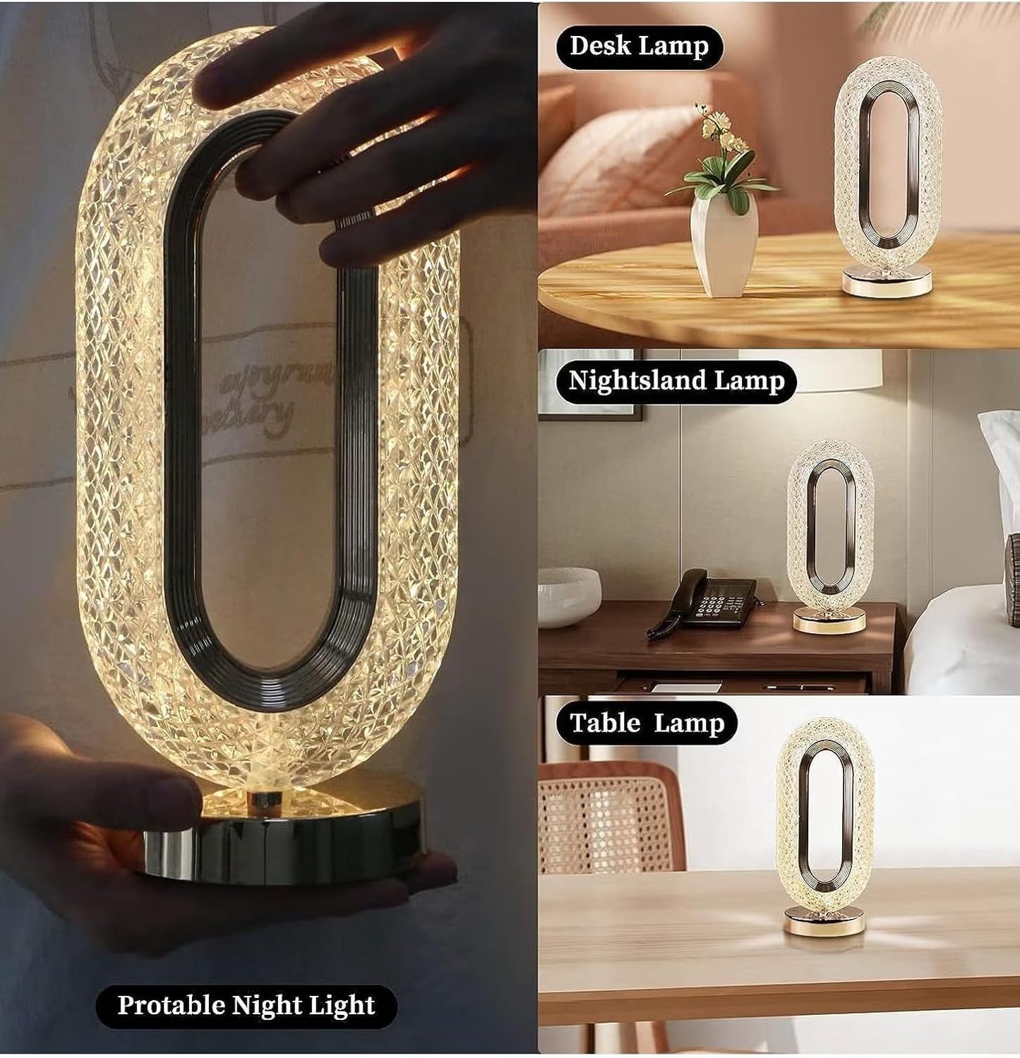 Oval Crystal Touch Lamp – USB Rechargeable | 3 Color Modes | Dimmable